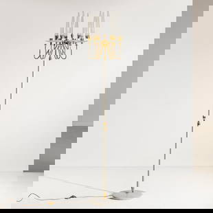 ANGELO LELII: Lampada da terra. Marmo, ottone, ottone verniciato, cristallo curvato e satinato. Produzione Arredoluce anni '50. cm 185x30 ca. A FLOOR LAMP BY A. LELII A., Padoan A., Palmaghini A, ARREDOLUCE-Catalog