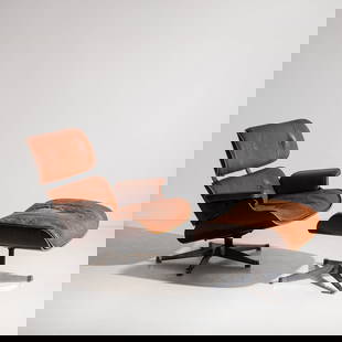 CHARLES & RAY EAMES: Poltrona lounge chair con poggiapiedi. Alluminio pressofuso, legno esotico, pelle imbottita. Produzione I.C.F. anni '70. cm 82x77x84; cm 40x63x54 LONGUE CHAIR WITH OTTOMAN BY C. & R. EAMES Discrete co