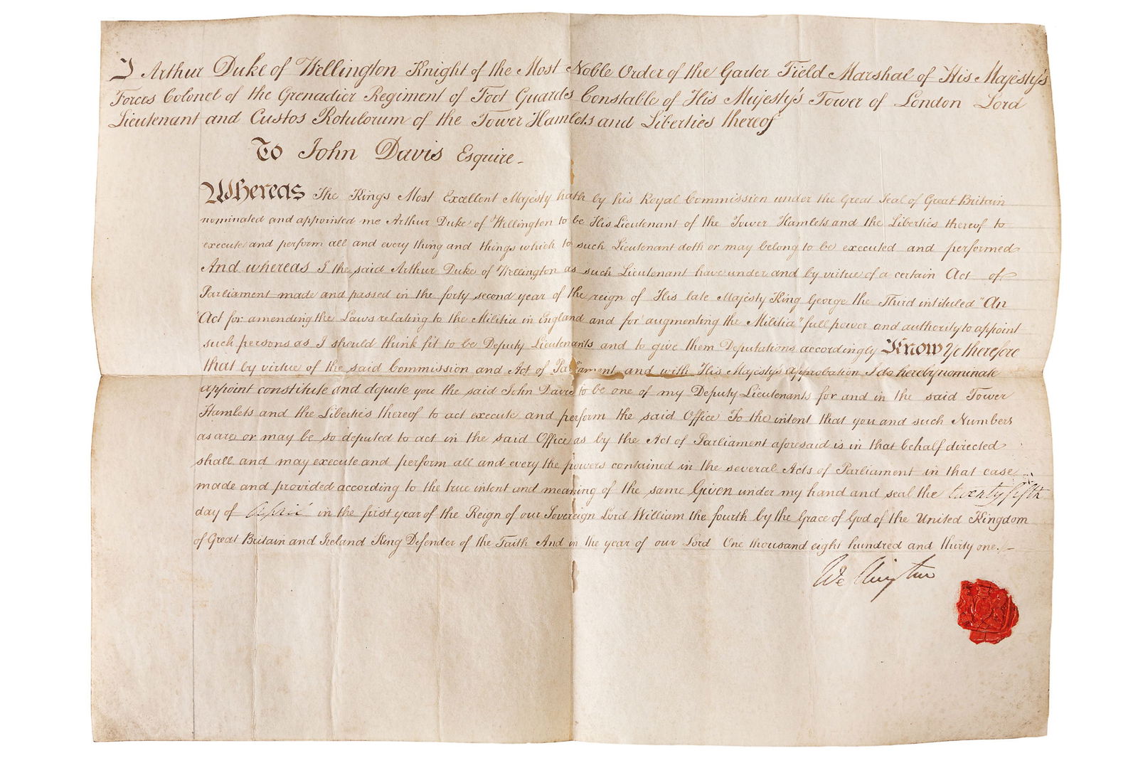DOCUMENTO AUTOGRAFO DEL DUCA DI WELLINGTON,: INGHILTERRA, 1831 iscritto a inchiostro, dal duca a John Davis membro del West Riding Regiment, reca timbro a ceralacca in basso a destra; rotture e lacerazioni nel foglio, mancanze nella cera Carta,
