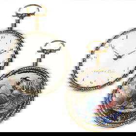 BREGUET A PARIS, OROLOGIO DA TASCA CON SMALTI E: STRASS, SVIZZERA 1780 CIRCA cassa in metallo dorato diametro 56 mm, decorata nel perimetro con una corona di strass, nel retro una miniatura di una musa in smalti policromi, quadrante in smalto bianco