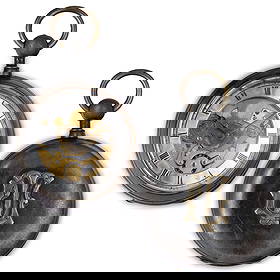 OROLOGIO DA TASCA CHEMIN DE FER, SQUELETTE,: SCAPPAMENTO A VISTA, RIPETIZIONE QUARTI, SVIZZERA 1830 CIRCA cassa in metallo brunito diametro 62 mm, quadrante in argento a fascia, lancette alla breguet, movimento a vista, scappamento a vista, molt