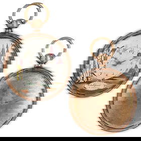 BREGUET A PARIS, OROLOGIO DA TASCA IN OTTONE DORATO,: CON QUADRANTE RIVOLUZIONARIO, FRANCIA 1795 CIRCA cassa in ottone dorato (oro rosso) diametro 53 mm, importante quadrante dipinto con scena rivoluzionaria, firmato Breguet a Paris, lancette in oro a fr