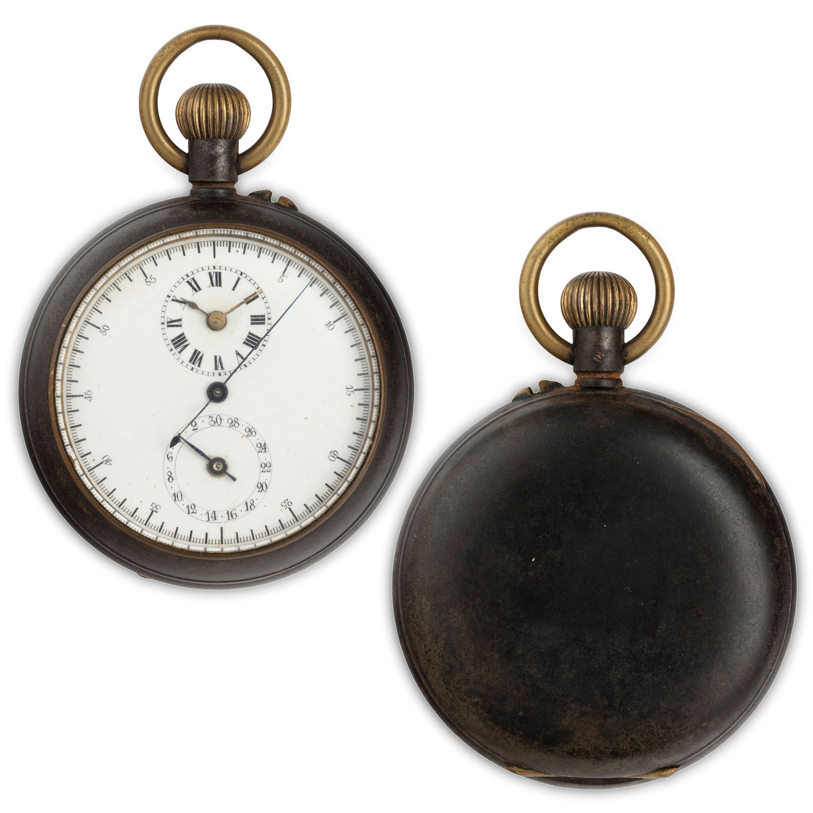 OROLOGIO DA TASCA IN METALLO BRUNITO, CON SECONDI AL: CENTRO E CALENDARIO, SVIZZERA 1880 CIRCA cassa in acciaio brunito diametro 52 mm, fondello liscio, quadrante in smalto bianco, secondi al centro, piccolo quadrante delle ore a ore 12, piccolo datario