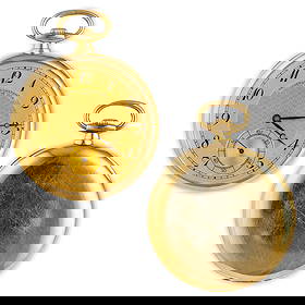 VACHERON CONSTANTIN, OROLOGIO DA TASCA IN ORO,: SVIZZERA 1914 cassa in oro giallo punzone 18K, diametro 46 mm, fondello liscio, quadrante tapisserie e fascia, in oro, con numeri arabi, lancette Breguet, piccoli secondi al sei, movimento firmato, ni