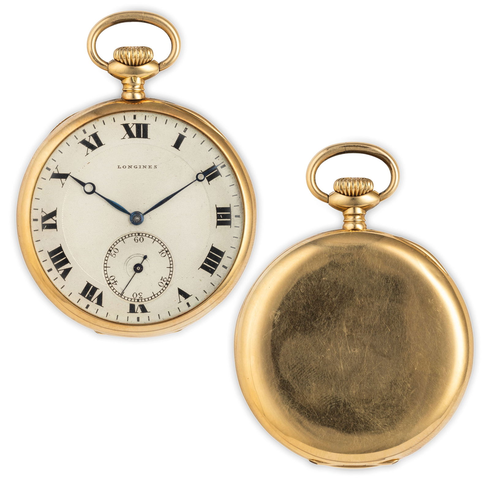 LONGINES, OROLOGIO IN ORO, SVIZZERA 1912: cassa in oro giallo diametro 46 mm, punzone 18K, quadrante in metallo nichelato con numeri arabi, piccoli secondi al sei, lancette Breguet, fondello liscio, parapolvere firmato, movimento dorato a tre