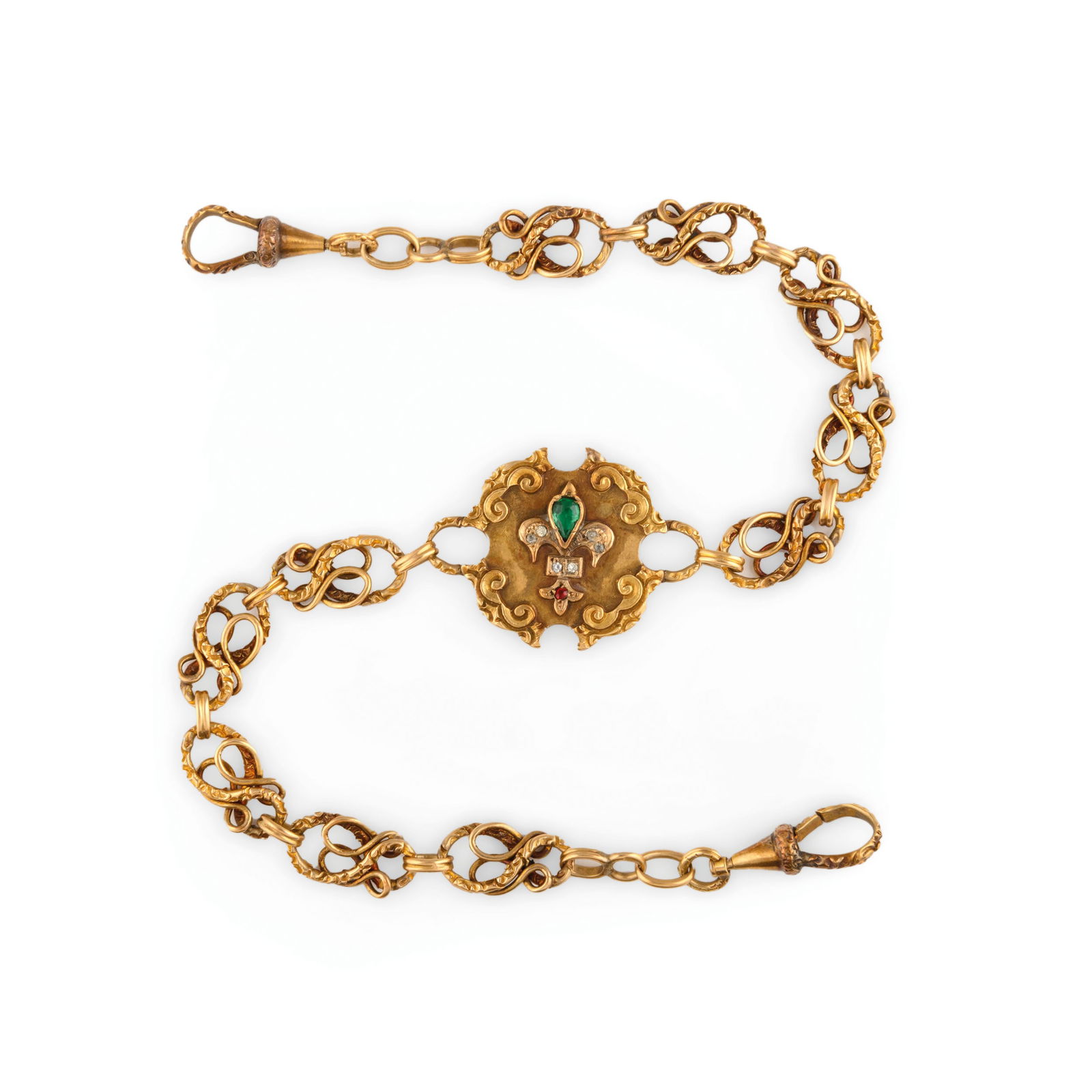 CATENA PER OROLOGIO DA TASCA, IN ORO CON SMERALDO, (1 of 2)