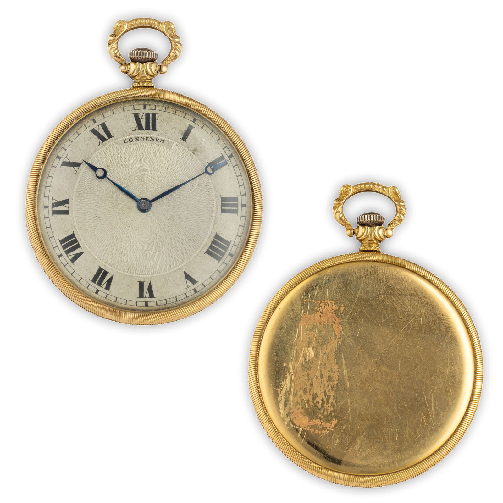 LONGINES, OROLOGIO DA TASCA IN ORO, SVIZZERA 1920: cassa in oro giallo diametro 44 mm, 18k, quadrante in metallo argentato con numeri romani, firmato a ore 12, lancette Breguet, carrure decorata con foglie d'acanto ricorrenti, fondello liscio, movimen