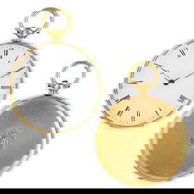 GEISER EDUARD, OROLOGIO DA TASCA IN ORO, FRANCIA 1870: CIRCA cassa in oro giallo diametro 44 mm, punzone K18 ; 18K, quadrante in smalto bianco con numeri rimani, lancette alla Breguet in metallo brunito, fondello decorato a guilloché con piccolo cart