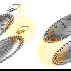 MUGNIER, HORLOGER DU ROI, OROLOGIO DA TASCA IN ORO E: MICROPERLE, FRANCIA 1820 CIRCA cassa in oro diametro 34 mm, decorata con cinture di microperle ambo i lati, quadrane in oro con numeri romani, lancette alla Breguet, fondello decorato con motivi conce