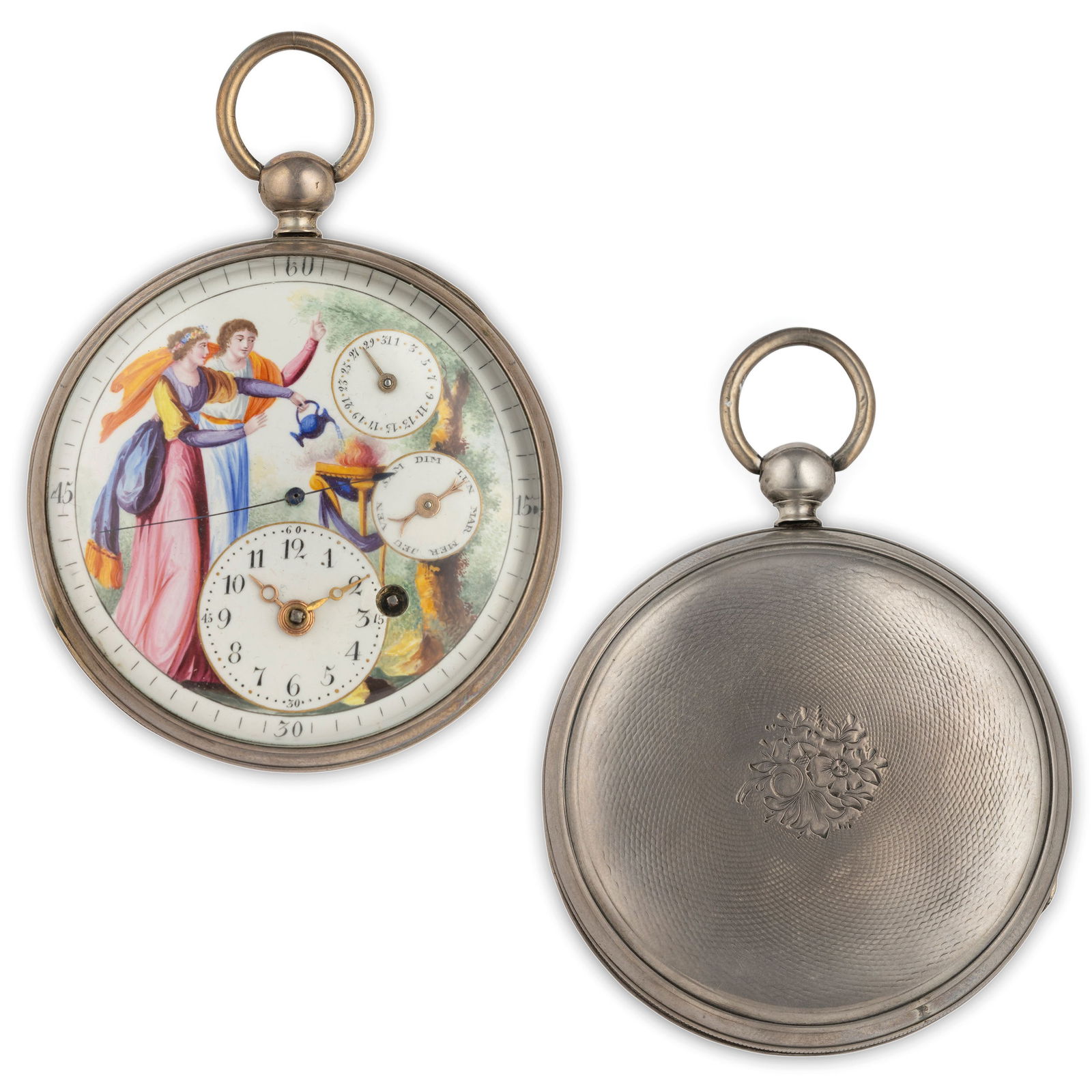 ANONIMO, OROLOGIO DA TASCA CON SMALTI SECONDI AL: CENTRO E CALENDARIO, SVIZZERA PER IL MERCATO FRANCESE, 1810 CIRCA cassa in argento diametro 54 mm, decorata nella carrure con motivi a matita, importante quadrante in smalto dipinto con secondi al cen