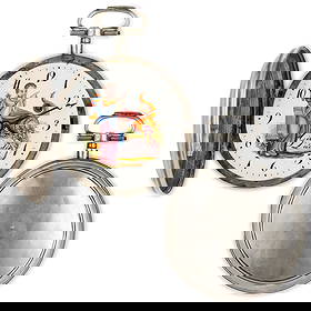 GIRARDIER LAINE', OROLOGIO DA TASCA IN ARGENTO, CON: QUADRANTE DIPINTO, SVIZZERA 1790 CIRCA cassa savonette in argento diametro 57 mm, quadrante in smalto bianco riccamente dipinto, con numeri arabi per le ore, lancette in acciaio alla breguet, coperchi