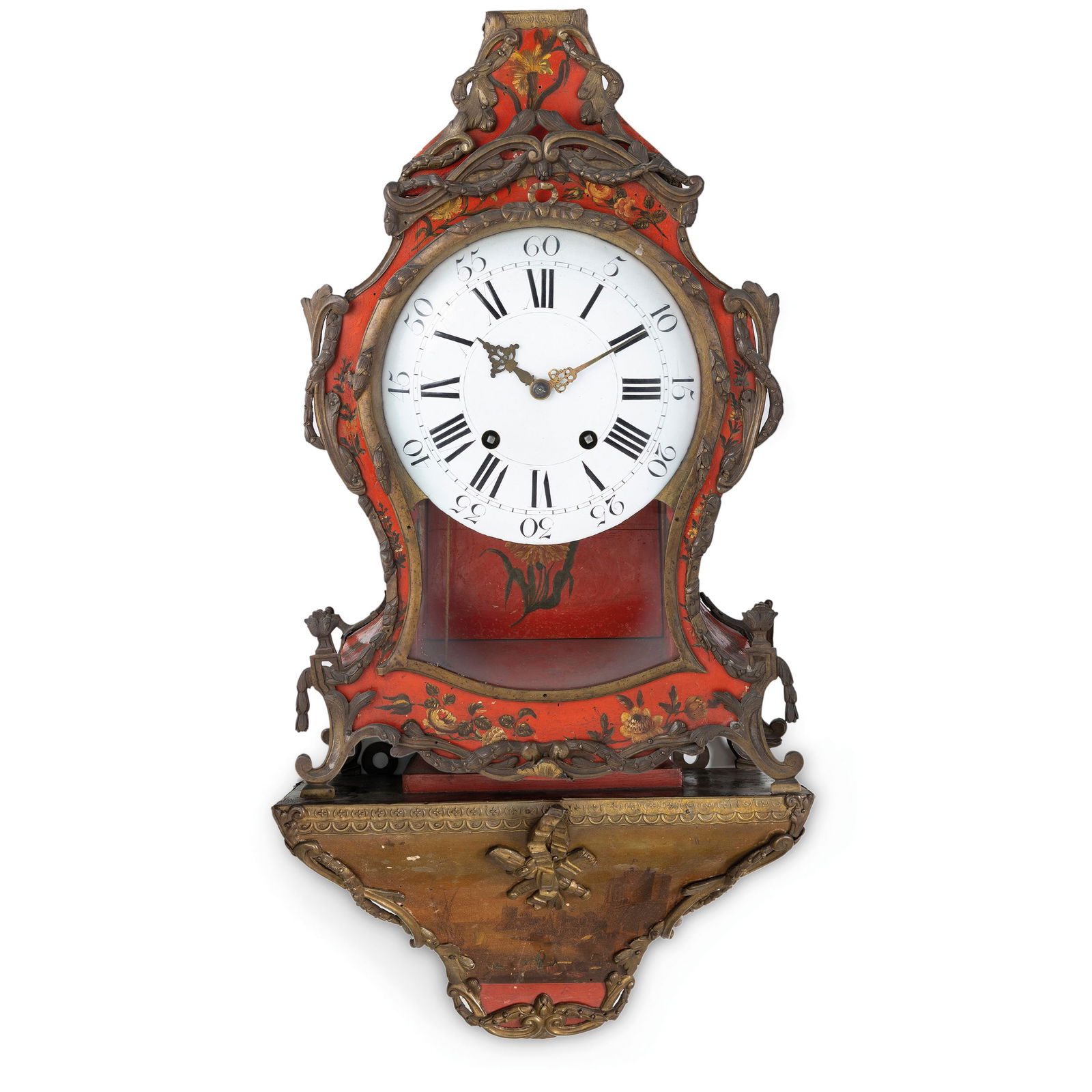 LES FRERES DU DUCUMMUN DIT VERRON, OROLOGIO A PENDOLO: NEUCHATELOISE IN LACCA ROSSA, SVIZZERA, 1750 CIRCA pendola neuchateloise con scranello riccamente decorato con un paesaggio dipinto, cassa in lacca rossa e applicazioni in bronzo dorato, adornata al f