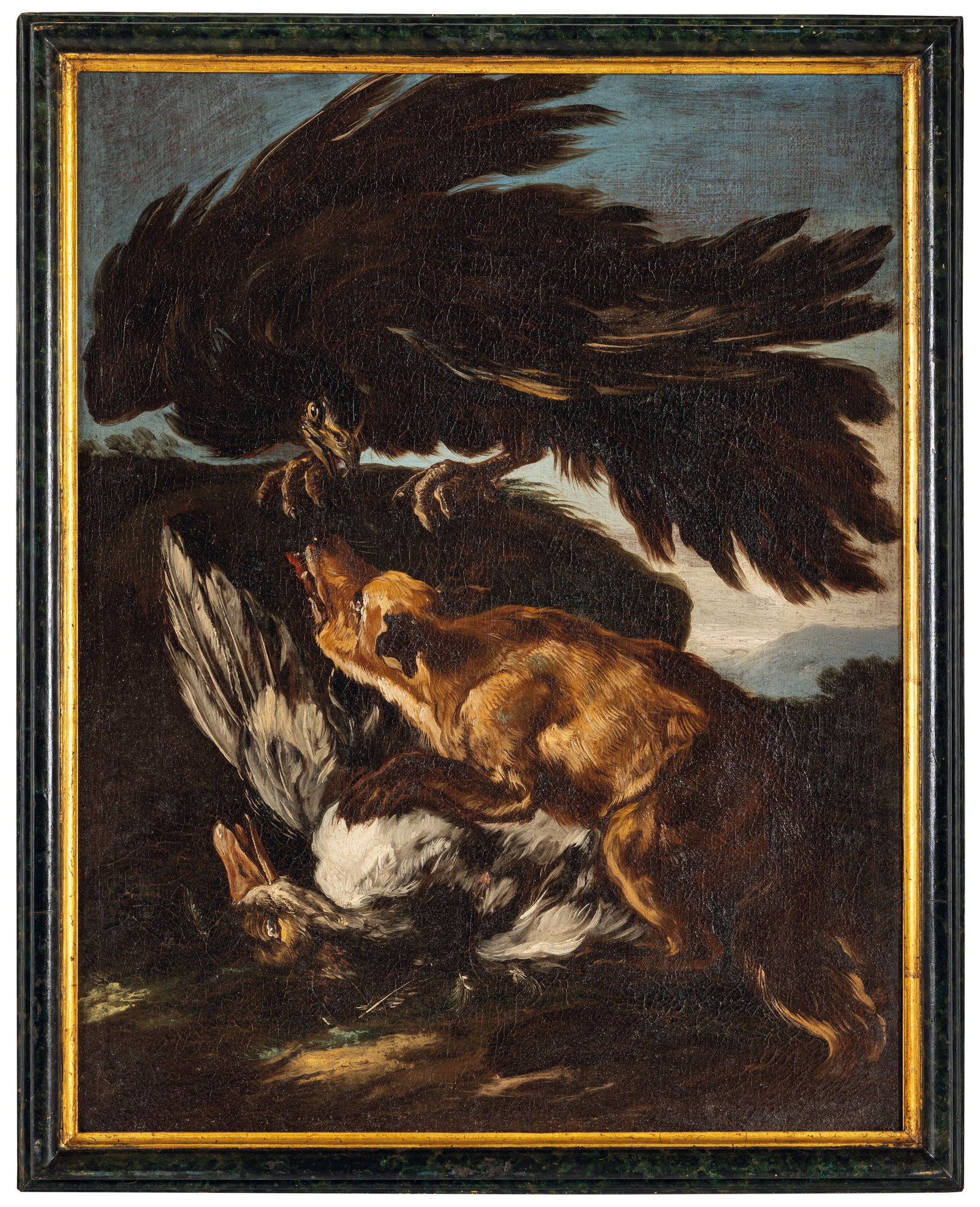 ANGELO MARIA CRIVELLI detto IL CRIVELLONE: (Milano, notizie dal 1662 - 1730 circa) Natura viva con aquila, lupo e anatra Olio su tela, cm 96,5X72 Provenienza: Roma, collezione privata È quanto mai evidente la matrice fiamminga dell'opera,