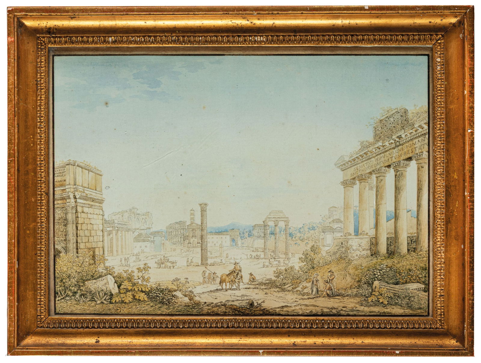 FRANZ KAISERMANN: (Yverdon, 1765 - Roma, 1833) Veduta del Foro Romano con l'Arco di Settimio Severo a sinistra, il Tempio di Saturno a destra e il Colosseo sullo sfondo Firmato Kaisermann in basso a destra Acquerello c