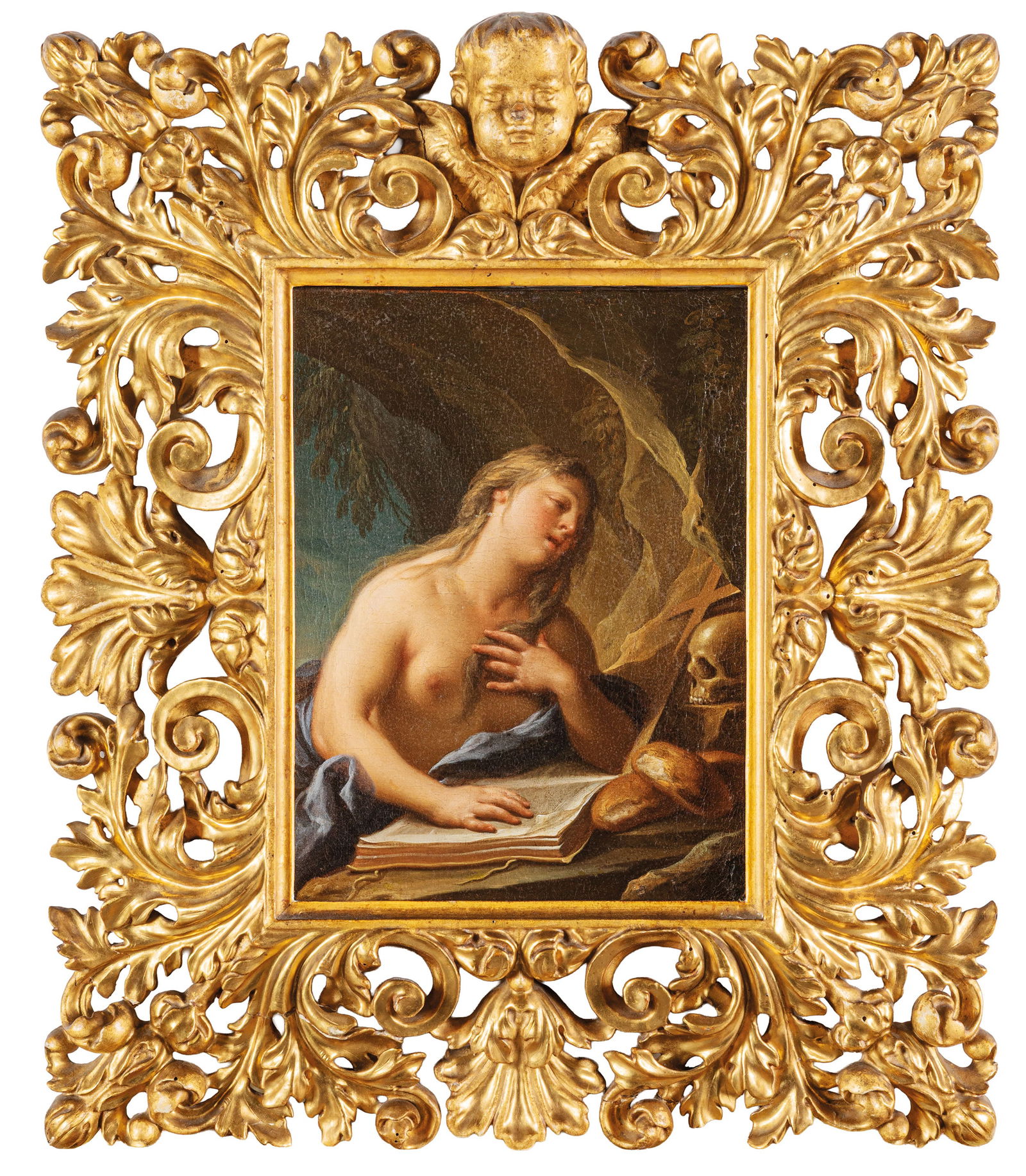 FRANCESCO TREVISANI: (Capodistria, 1656 - Roma, 1746) Maddalena Olio su tela, cm 30,5X23 Già attribuito a Marcantonio Franceschini e Giovanni Domenico Ferretti, il dipinto è stato ricondotto al catalogo di Franc