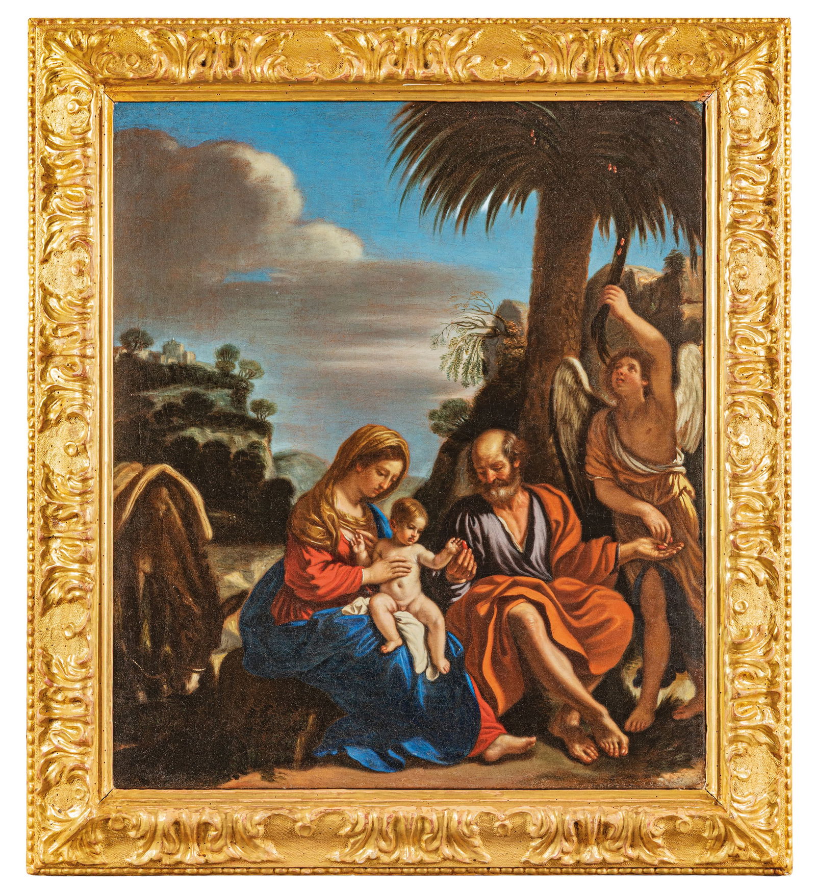 CESARE GENNARI: (Cento, 1637 - Bologna, 1688) Riposo nella fuga in Egitto Olio su tela, cm 84,5X73 Provenienza: Verona, mercato antiquario Roma, collezione privata (come Giovanni Francesco Barbieri detto il Guercino)