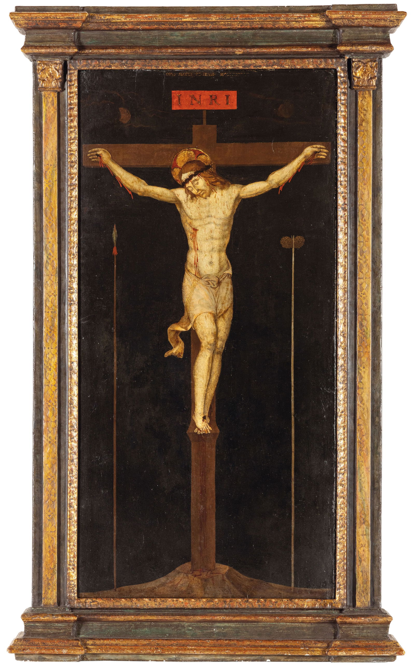 MATTEO DI GIOVANNI BARTOLO detto MATTEO DA SIENA: (Borgo Sansepolcro, 1428 circa - Siena, 1495) Crocifissione Inscritto in alto al centro 'OPUS MATEI DE SENIS MCCCCVXXVIIII' Tempera su tavola, cm 114,5X57,5 Provenienza: Colonia, Lempertz, 14 novembre