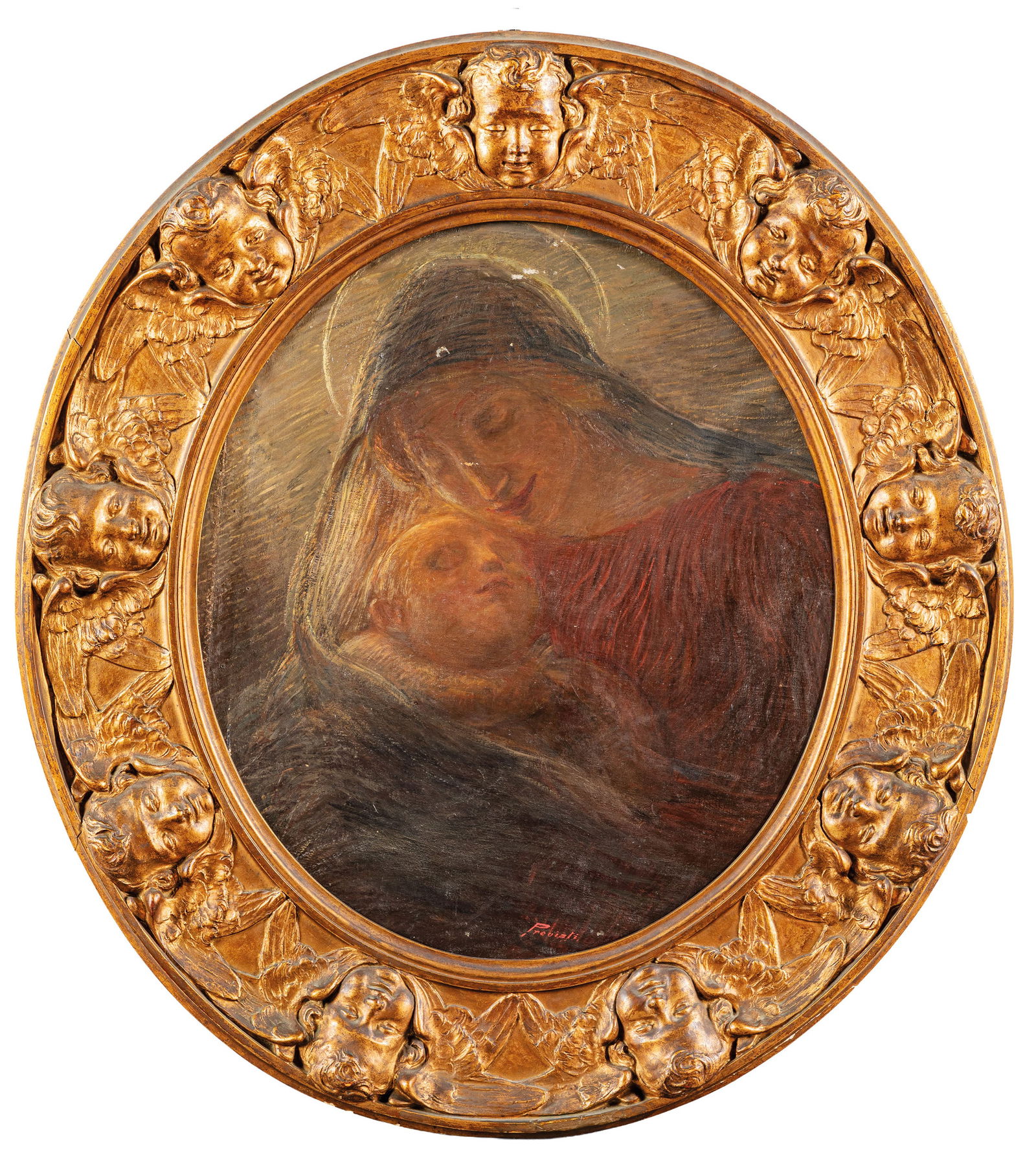 GAETANO PREVIATI: Ferrara, 1852 - Lavagna, 1920 Madonna delle nozze Firmato Previati in basso al centro Olio su tela, cm 60,5X55 Provenienza: Genova, collezione privata Nel dipinto, proveniente da un'importante collezi