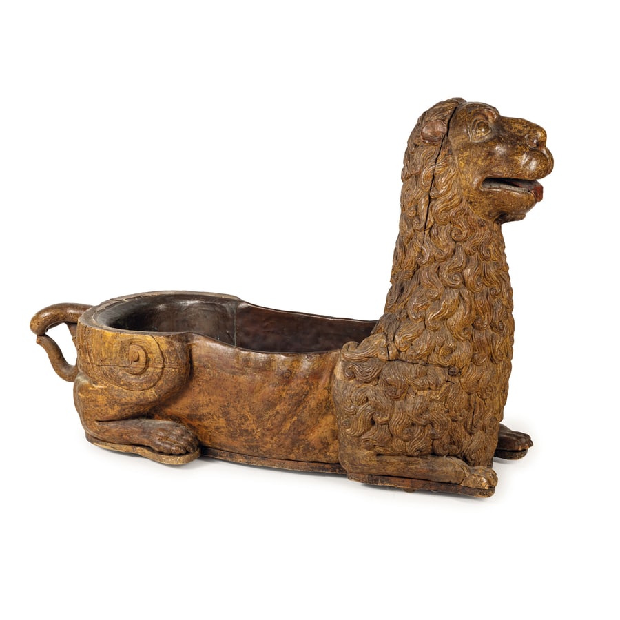 GRANDE FIGURA SCOLPITA IN LEGNO PARZIALMENTE LACCATO, (1 of 1)