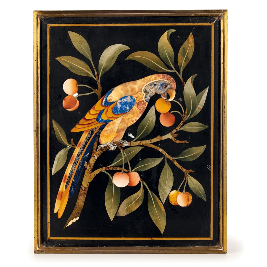 PLACCA IN MARMI COMMESSI, PROBABILMENTE MANIFATTURA: GRANDUCALE, FIRENZE, XVIII SECOLO raffigurante pappagallo su arbusto con ciliegie, montata su scatola moderna in bronzo dorato; difetti minori, pochi graffi, la scatola di epoca posteriore Cm 28,5X22