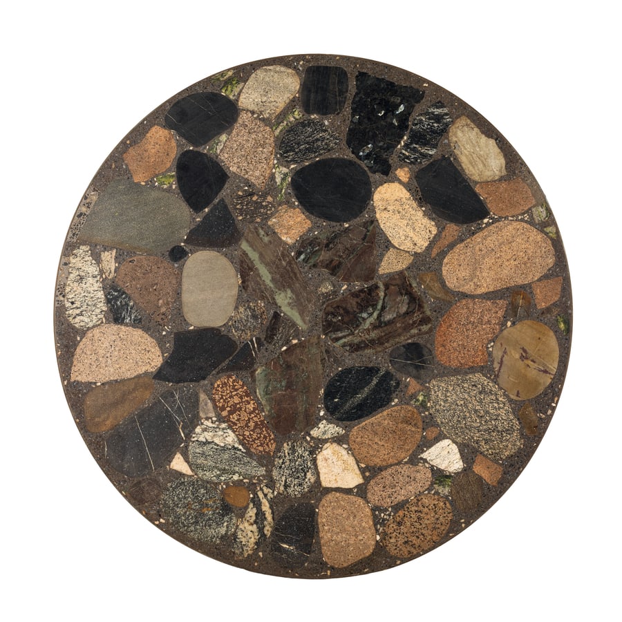 PIANO DI TAVOLO IN MARMI E PIETRE DIVERSE, XVIII-XIX: SECOLO circolare, composto da serie di tessere diverse in marmi policromi e graniti, il bordo in bronzo dorato; difetti, graffi, minori sbeccature e mancanze Cm 100X2,8 A VARIOUS STONES AND MARBLE