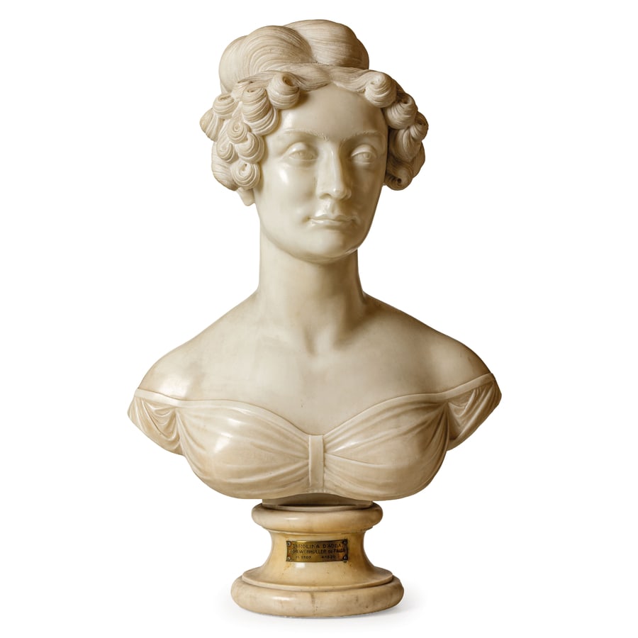 SCULTORE DEL XIX SECOLO: Carolina d'Adda Marmo Etichetta metallica nella base Difetti, pochi graffi e sbeccature, tracce di sporco Cm 67X44X26 A MARBLE SCULPTURE, 19TH CENTURY; DEFECTS, FEW CHIPS AND SCRATCHES, TRACES OF DIRT