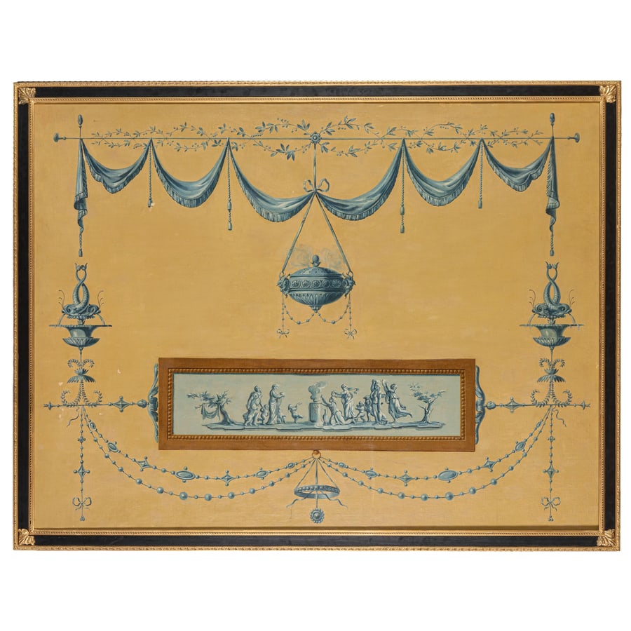 TRE PANNELLI DECORATIVI SU TELA DIPINTA, XX SECOLO: raffiguranti scenografie neoclassiche in cornice moderna di legno ebanizzato e dorato; minori difetti, poche perdite di materia pittorica, possibili ritocchi e restauri Il singolo, cm 147X95 (cornice,
