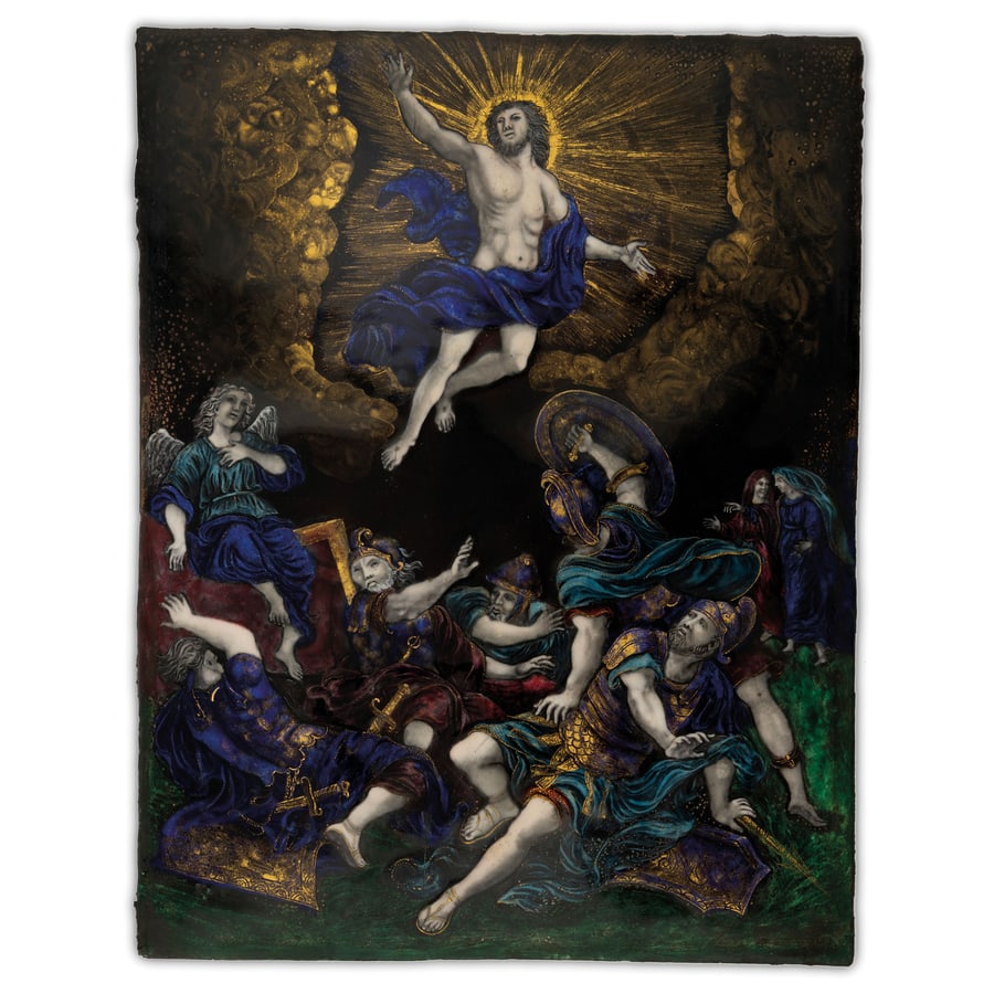 PLACCA IN RAME E SMALTO, MANIFATTURA DI LIMOGES, XVI: SECOLO (atelier di Pierre Reymond, 1513-1584) Il Redentore Montato in cornice a edicola in legno intagliato e dorato di recente manifattura; difetti minori, pochi graffi e perdita di materia pittorica