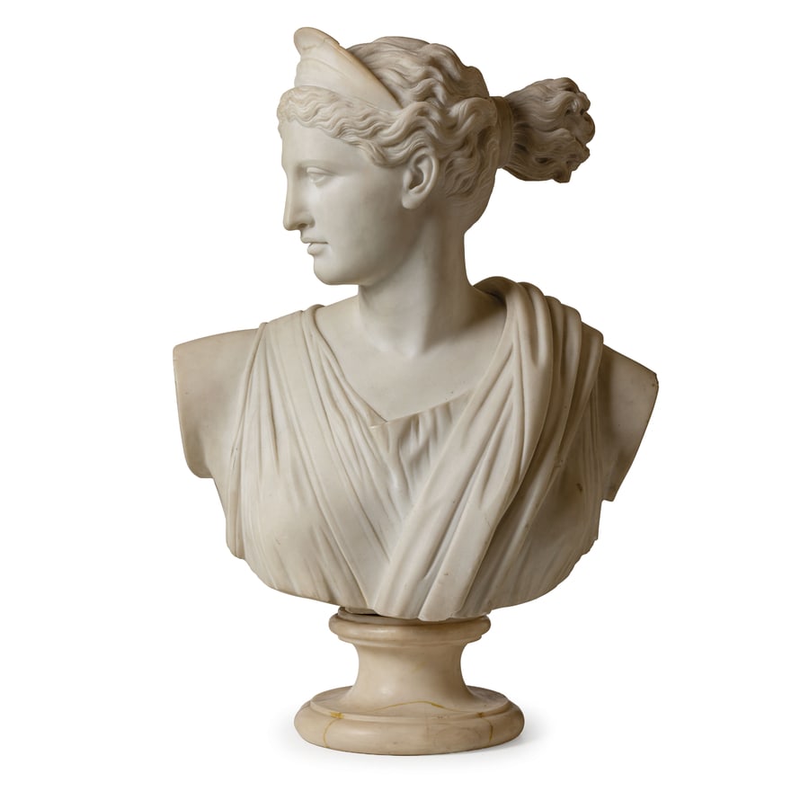 SCULTORE DEL XIX SECOLO: Busto di Diana cacciatrice Marmo, su base a plinto circolare amovibile Difetti, alcune sbeccature e mancanze, restauro nel diadema, la base non pertinente Cm 52X44X22 Altezza totale, cm 63 A MARBLE BU