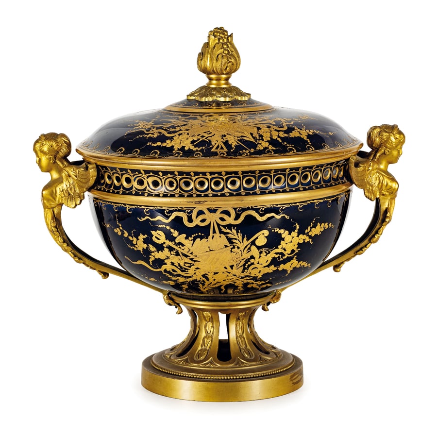 COPPA CENTROTAVOLA IN PORCELLANA BLU E ORO MONTATA IN (1 of 3)