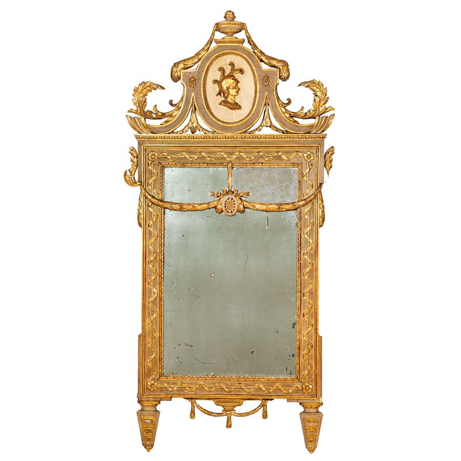 SPECCHIERA IN LEGNO INTAGLIATO, LACCATO E DORATO,: XVIII-XIX SECOLO squadrata su piedi rastremati, fascia percorsa da nastro continuo e rosette agli accogli, festone superiore e cimasa con profilo entro ovale e vaso classico; difetti, alcune rotture e