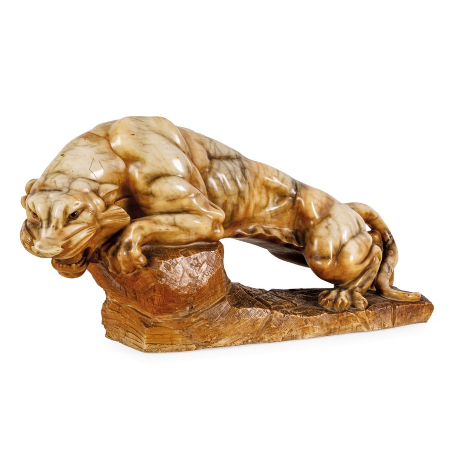 ANGIOLO VANNETTI (attr. a): (1881 ; 1962) Pantera Alabastro venato Difetti, graffi, poche sbeccature e mancanze, felures minori Cm 35,5X61X20 AN ALABASTER PANTHER BY ANGIOLO VANNETTI; DEFECTS, SCRATCHES, SOME CHIPS AND LOSSES, M