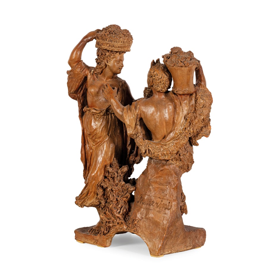 GRUPPO IN TERRACOTTA, XIX SECOLO: baccanale con Fauno e fanciulla; minori difetti di cottura, poche sbeccature e mancanze Firmato Algerini nel retro Cm 42X28,5X16,5 A TERRACOTTA GROUP, 19TH CENTURY; MINOR DEFECTS SOME CHIPS AND LOSSES