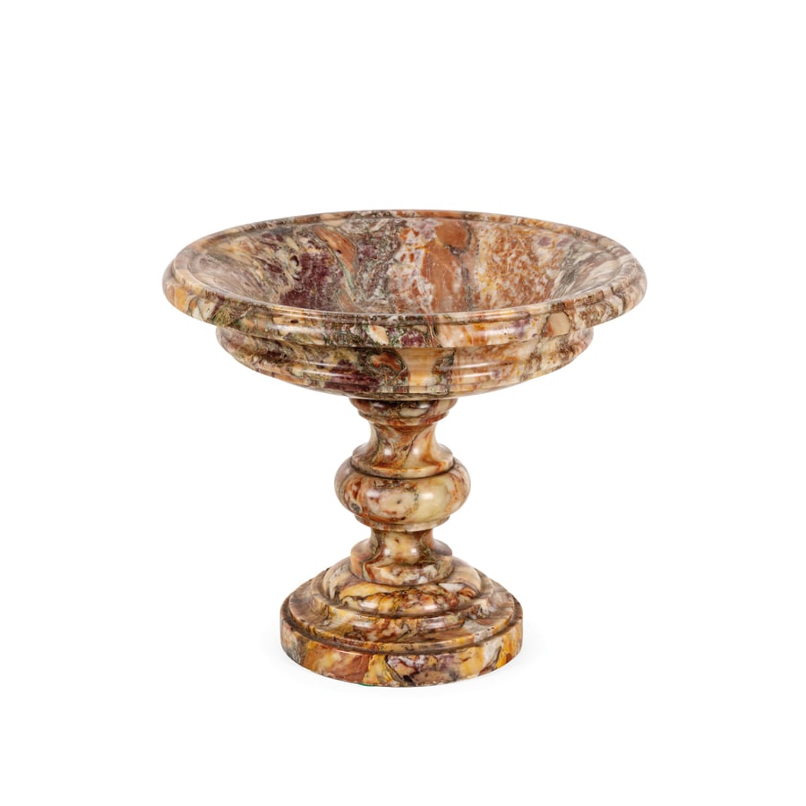 COPPA IN MARMO FIOR DI PESCO, XIX SECOLO: modanata e lavorata a più ordini, fusto tornito e base gradinata; difetti, graffi e sbeccature Cm 20,5X24,5 A PEACH BLOSSOM MARBLE CUP, 19TH CENTURY; DEFECTS, SCRATCHES AND CHIPS