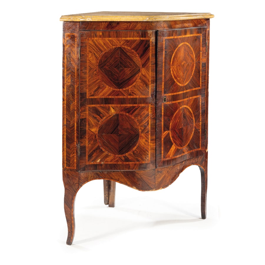 COPPIA DI ANGOLIERE IMPIALLACCIATE IN LEGNI VARI, (1 of 6)