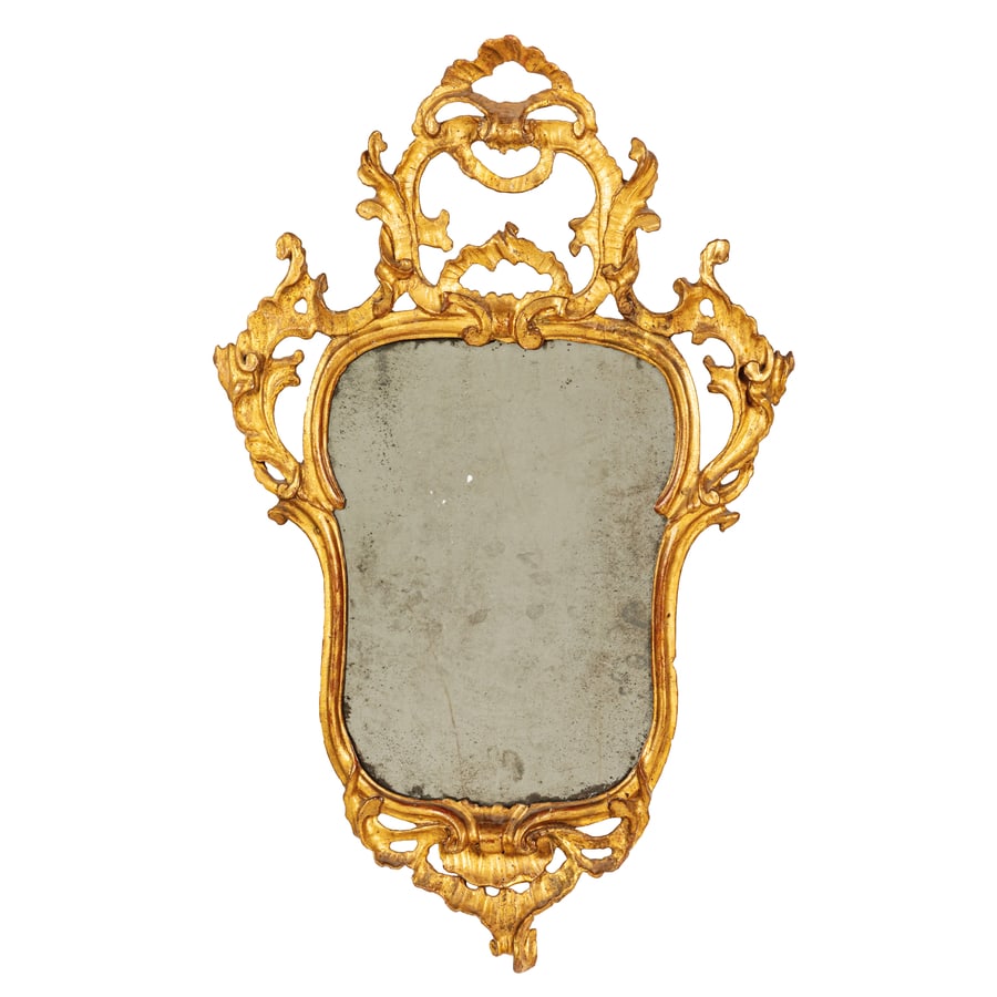 COPPIA DI SPECCHIERE, LOMBARDIA, XVIII SECOLO: in forma mistilinea, ornate da fregi fogliati e traforati; difetti, cadute e mancanze nella doratura, fenditure nel retro, parti di fregio riattaccate, restauri Cm 86X56X10 A PAIR OF MIRRORS, LOMBARDY