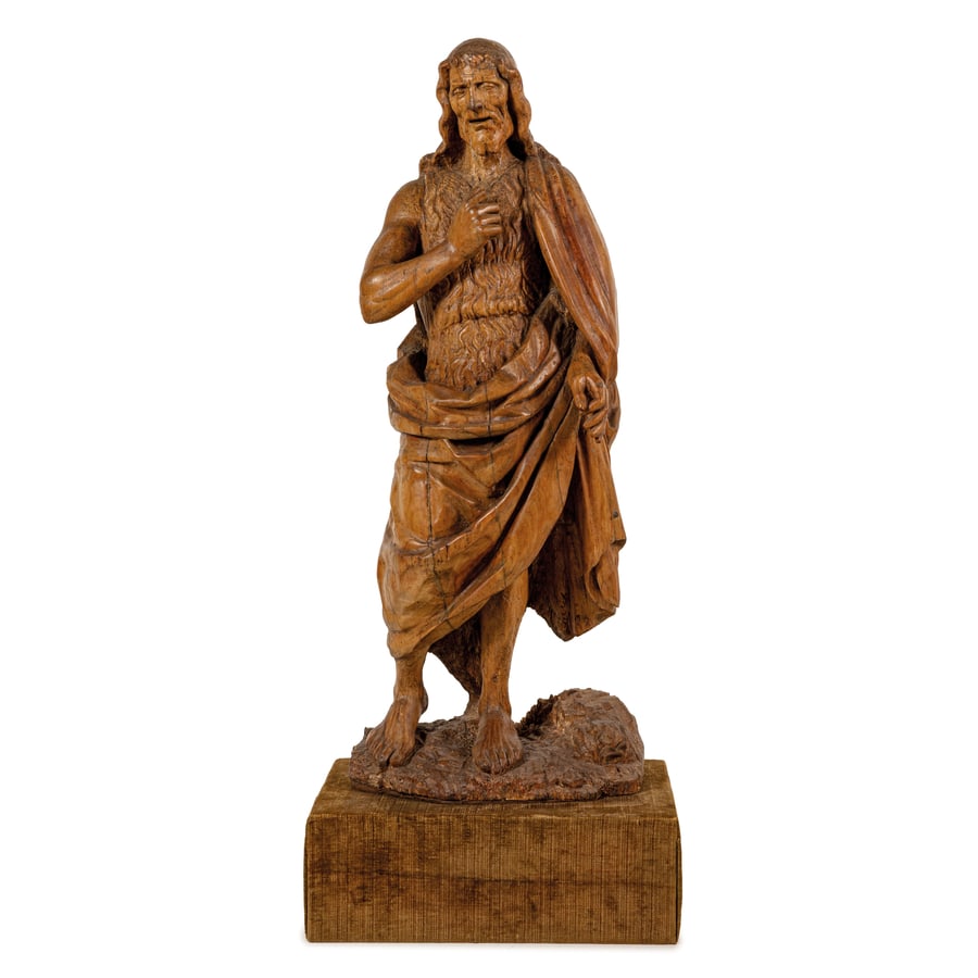 SCULTURE DEL XV SECOLO: San Giovanni Battista (circa 1480) Legno scolpito Difetti, tracce di tarlo, rotture e mancanze nelle dita delle mani, restauri e opera di consolidamento, fenditure nel corpo, tracce di policromia preg