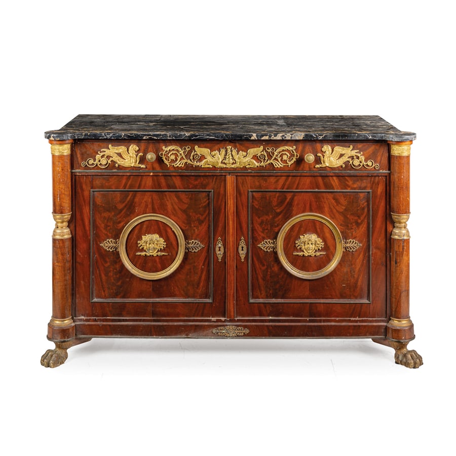 CREDENZA IMPIALLACCIATA IN LEGNO E PIUMA DI MOGANO, (1 of 5)