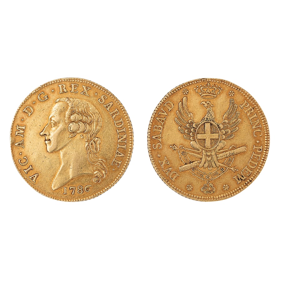 CASA SAVOIA. VITTORIO AMEDEO III (1773-1796) CARLINO: DA 5 DOPPIE D'ORO 1786. ZECCA DI TORINO Au. 45,50 gr. 40 mm. R4. SPL 53. colpetti al bordo. D: Testa nuda, a sinistra; attorno VIC. AM. D. G. REX. SARDINIAE; sotto, la data. R: Aquila spiegata e coron