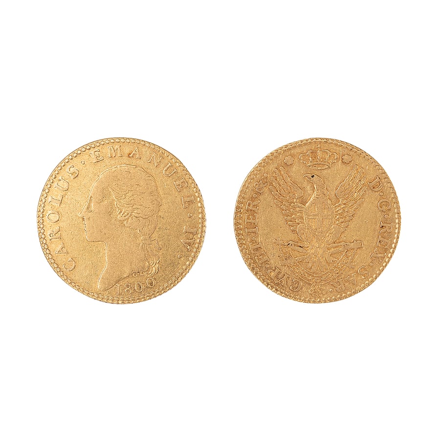 CASA SAVOIA. CARLO EMANUELE IV (1796-1802) DOPPIA: D'ORO 1800. ZECCA DI TORINO Au. 9,00 gr. 26 mm. R3. BB42. D: Testa nuda, a sinistra; attorno CAROLUS. EMANUEL. IV.; nel taglio del collo C.L.; sotto, la data. R: Aquila coronata, con ali spiegate e sc