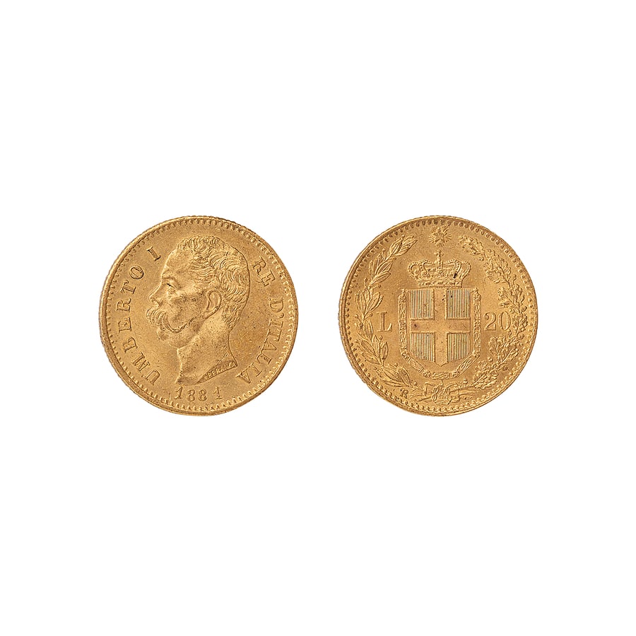 REGNO D'ITALIA. UMBERTO I (1878-1900) 20 LIRE 1881: CINQUE ESEMPLARI Au. 6,45 gr. 21 mm. NC D: UMBERTO I RE D'ITALIA. Testa nuda a sinistra con il nome dell'autore, SPERANZA, sul taglio del collo. In basso, la data. R: Stemma di Savoia coronato e fregi