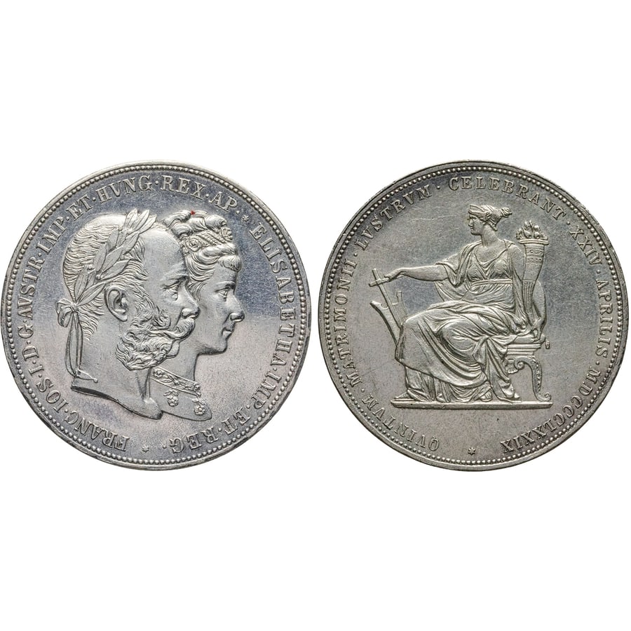ZECCHE ESTERE. AUSTRIA. 2 FIORINI. MONETA: COMMEMORATIVA DELLE NOZZE D'ARGENTO DI FRANCESCO GIUSEPPE ED ELISABETTA 1879 Argento. 24,70 gr. 36 mm. D: FRANC. IOS.D. G. AUSTR. IMP. ET HUNG. REX. AP. ELISABETHA. IMP. ET. REG. Teste affiancate di F