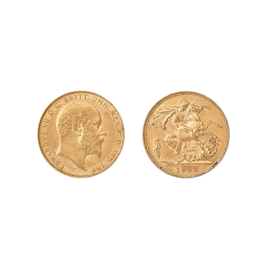 ZECCHE ESTERE. GRAN BRETAGNA. EDOARDO VII (1901-1910): GOLD SOVEREIGN 1908 Au. 7,98 gr. 22,05 mm. D: Testa di Edoardo VII a destra. R: San Giorgio che uccide il drago. Bibliografia: KM#805