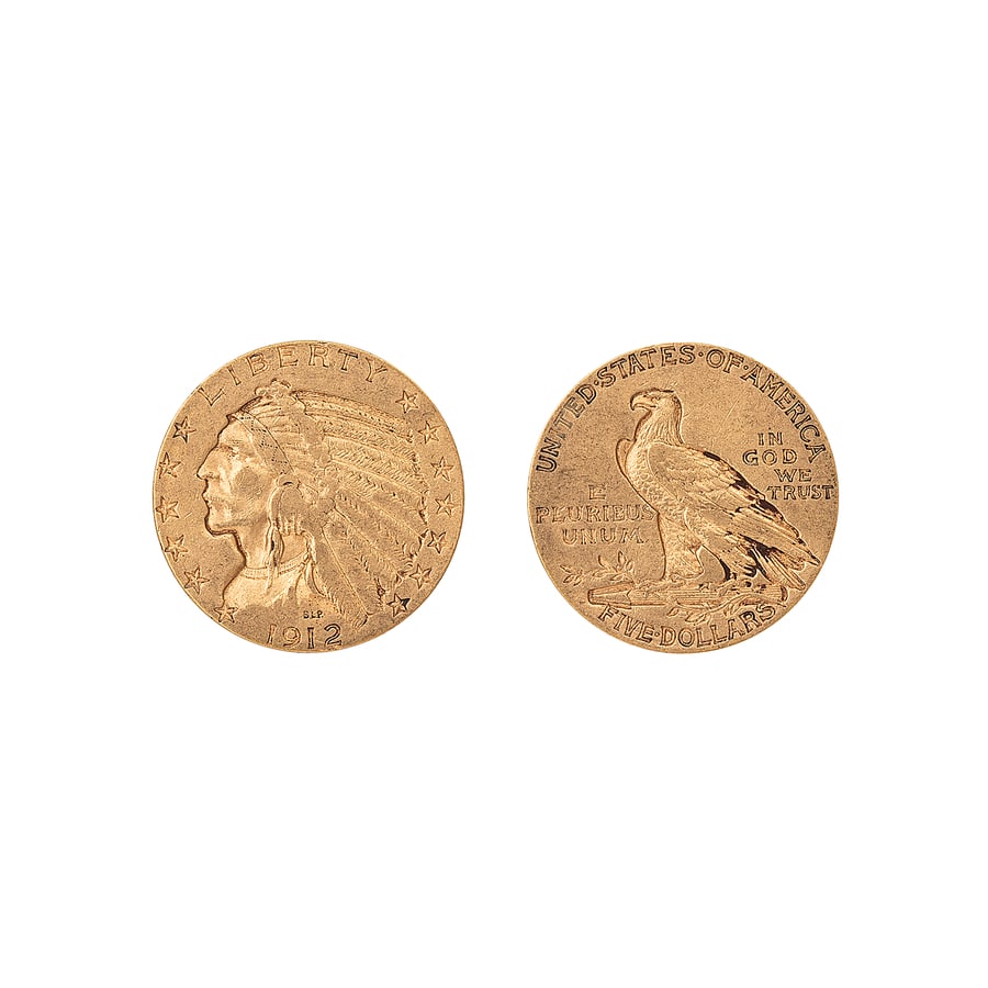 ZECCHE ESTERE. STATI UNITI D'AMERICA. 5 DOLLARI ORO: INDIAN HEAD 1912 Au. 8,33 gr. 21,6 mm. D: Profilo di un capo nativo americano a sin.; intorno LIBERTY e 13 stelle, in basso la data. R: Aquila calva americana con le ali chiuse, appollaiata su un fasc