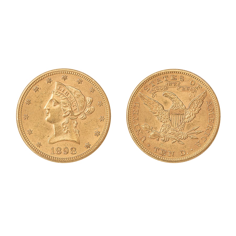 ZECCHE ESTERE. STATI UNITI D'AMERICA. 10 DOLLARI ORO: CORONET HEAD 1898 Au. 16,71 gr. 27 mm. D: Profilo della Libertà a sin. 13 stelle attorno e anno in basso. R: Aquila araldica con scudo dell'Unione, che tiene 3 frecce e un ramo d'ulivo, motto in alto
