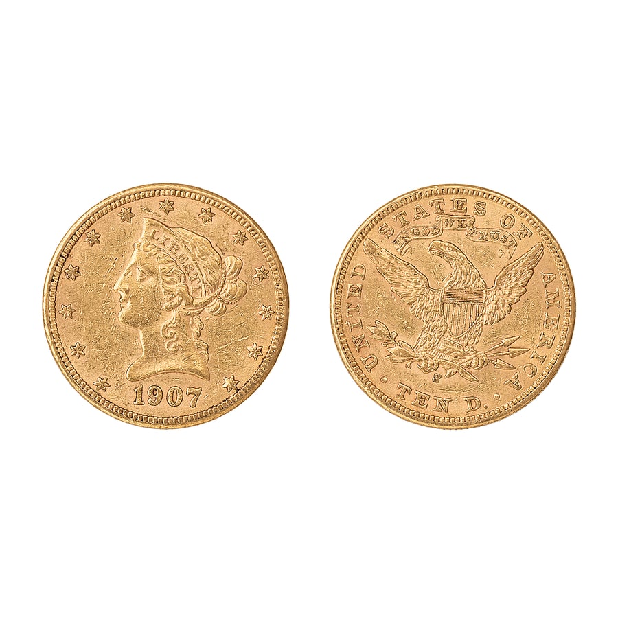 ZECCHE ESTERE. STATI UNITI D'AMERICA. 10 DOLLARI ORO: CORONET HEAD 1907 Au. 16,71 gr. 27 mm. D: Profilo della Libertà a sin. 13 stelle attorno e anno in basso. R: Aquila araldica con scudo dell'Unione, che tiene 3 frecce e un ramo d'ulivo, motto in