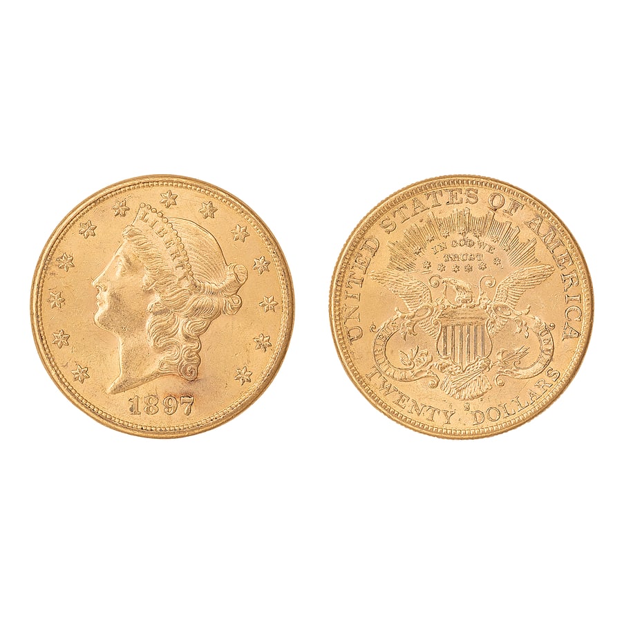 ZECCHE ESTERE. STATI UNITI D'AMERICA. 20 DOLLARI ORO: CORONET HEAD 1897 Au. 33,43 gr. 34 mm. D: Profilo della Libertà a sin. 13 stelle attorno e anno in basso. R: Aquila araldica con le ali spiegate, con al centro scudo dell'Unione, stringe un ramo d'ul