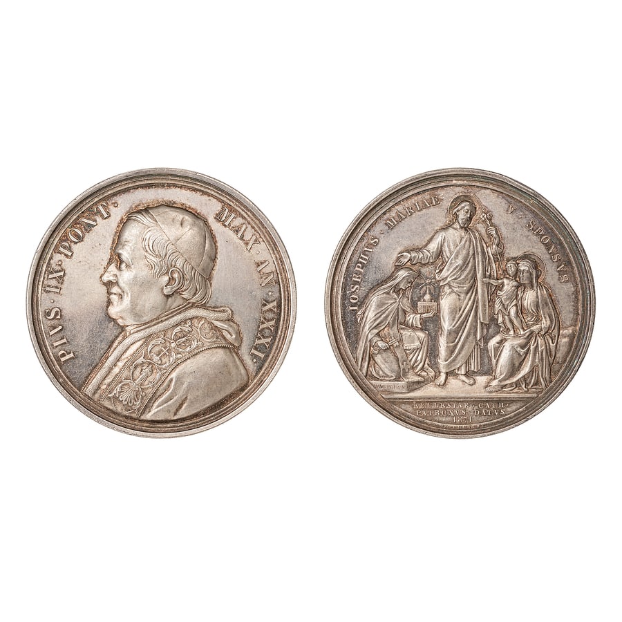 MEDAGLIE PAPALI. PIO IX (1846-1878) MEDAGLIA ANNUALE: 1876 XXXI Argento. 35,15 gr. 44 mm. D: Busto a sin. con zucchetto e stola. R: San Giuseppe patrono della Chiesa. Bibliografia: Bart. E876. Provenienza: Cartellino Ars et Nummus. Giuseppe Nascia, Milan