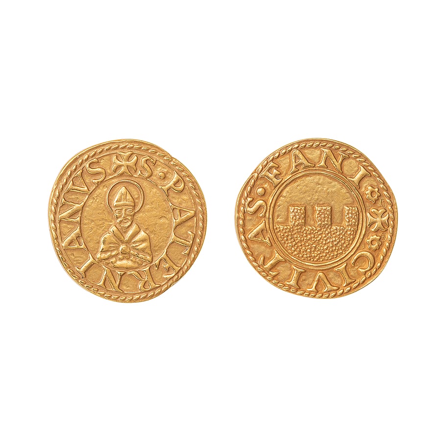 MEDAGLIE ITALIANE. RIPRODUZIONE IN ORO DI UN PICCIOLO: DEL XV SECOLO PROBABILMENTE EMESSA DAL CIRCOLO NUMISMATICO DI FANO IN OCCASIONE DEL 5? CENTENARIO DELLA MONETA Au 18k. 10,17 gr. 25 mm. Provenienza: Giuseppe Nascia, Milano.