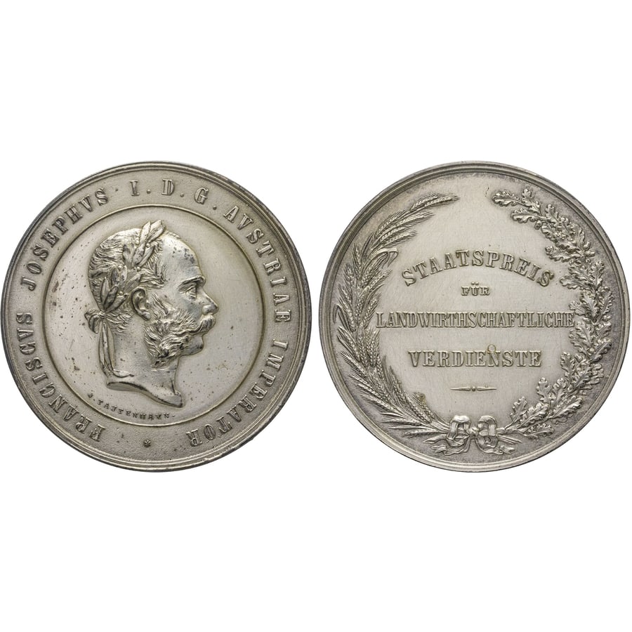 MEDAGLIE ESTERE. AUSTRIA. PREMIO DI STATO PER MERITI: AGRICOLI. 1900 CA. Argento. 35,00 gr. 40 mm. D: FRANCISCVS JOSEPHVS I. D. G. AVSTRIAE IMPERATOR. Testa laureata di Francesco Giuseppe a destra. R: STAATSPREIS FUR LANDWIRTSCHAFTLICHE VERDIENSTE. Testo